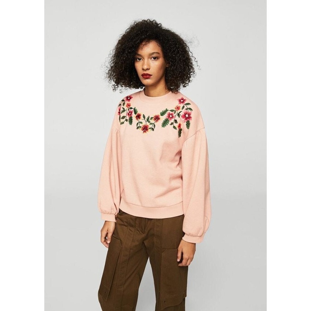 Mango Floral Embroidered Cuff‎ Bow Sweatshirt Size XS